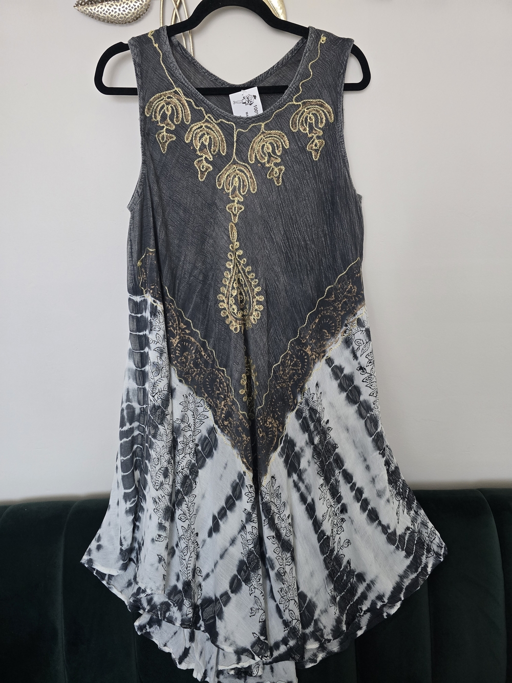 New Sleeveless Gray & White Tie-Dye Tunic with Gold Embroidery CoverUp Boho